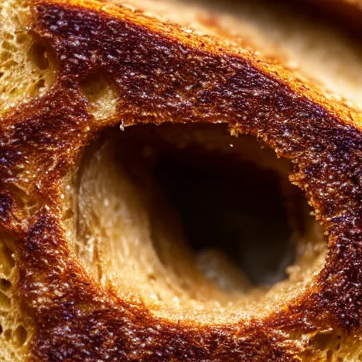 Prompt: an extreme close up of a piece of toast, 80mm macro lens