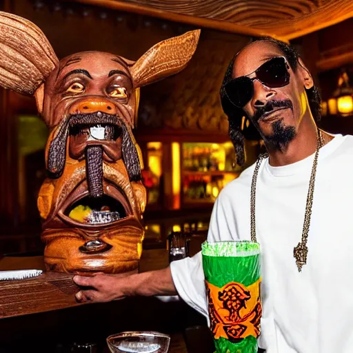 Image similar to snoop dogg at trader vic's bar holding a tiki mug with his face on it