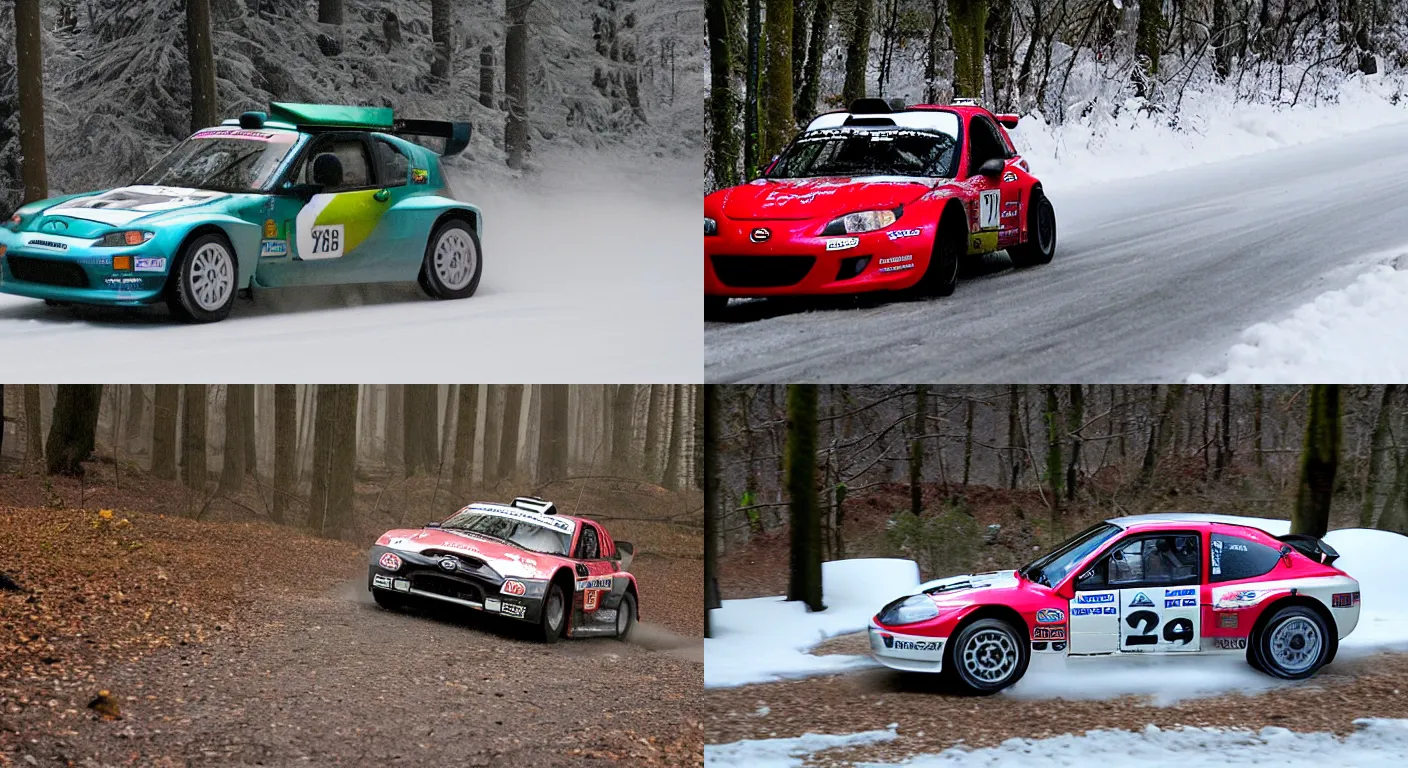 Prompt: a 2 0 0 1 mazda mazdaspeed roadster, racing through a rally stage in a snowy forest