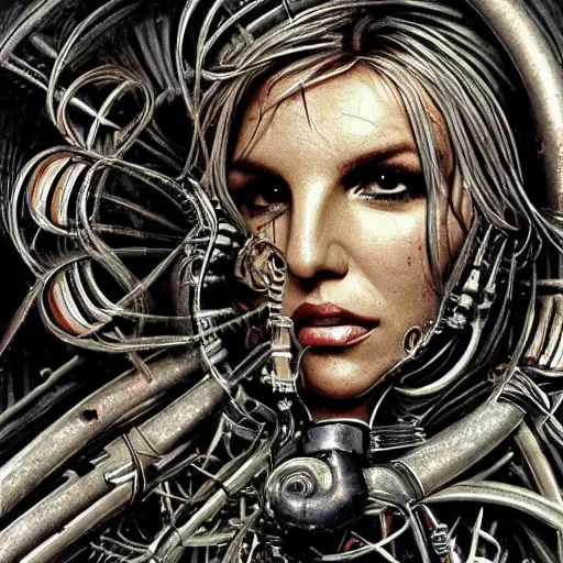 Image similar to britney spears encased in biomechanical machine, heavy conduits, complex scene, rich composition, heavy in detail, corruption, decay, grime, smooth, sharp focus, airbrush, illustration, symmetrical, portrait, art by h. r. giger