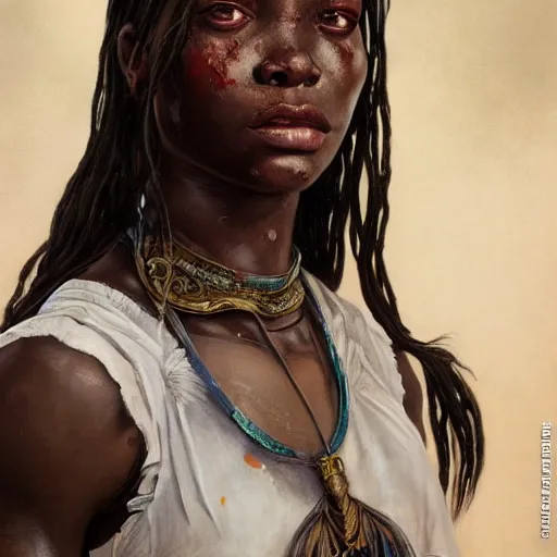 Prompt: portrait painting of a muscular bloodied tanzanian girl, ultra realistic, concept art, intricate details, eerie, highly detailed, photorealistic, octane render, 8 k, unreal engine. art by artgerm and greg rutkowski and alphonse mucha