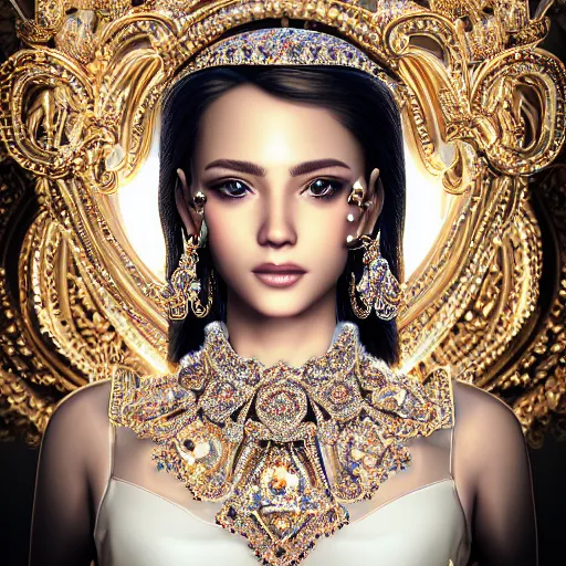 Image similar to portrait of pretty princess with perfect skin, glowing, ornate and intricate diamond jewelry, jaw dropping beauty, ornate and intricate backdrop, white accent lighting, hyper detailed, 4 k octane render