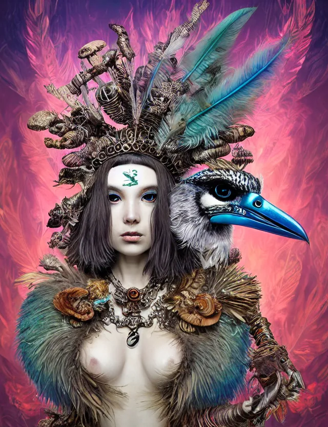 Image similar to 3 d goddess wide angle portrait with feathers, fur, and bones. beautiful intricately detailed avante garde kookaburra mask and retrowave sorceress outfit. lizard, reflective chitin, optical mineralogy, mycelium, mushrooms, plasma, creature, artwork by tooth wu and android jones wlop and android jones and beeple and greg rutkowski