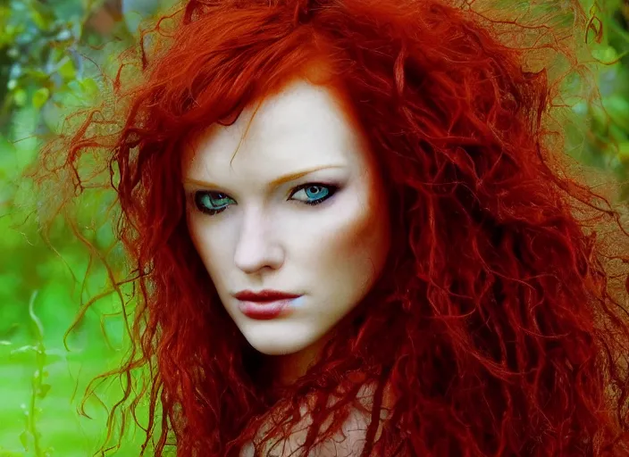 Prompt: award winning 3 5 mm close up face portrait photo of a redhead with blood - red wavy hair and precise intricate irises in a park by luis royo