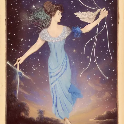 Image similar to The body art features a woman with wings made of stars, surrounded by a blue and white night sky. The woman is holding a staff in one hand, and a star in the other. She is wearing a billowing white dress, and her hair is blowing in the wind. Pride & Prejudice, papaya whip by Pamela Coleman Smith ordered, a e s t h e t i c