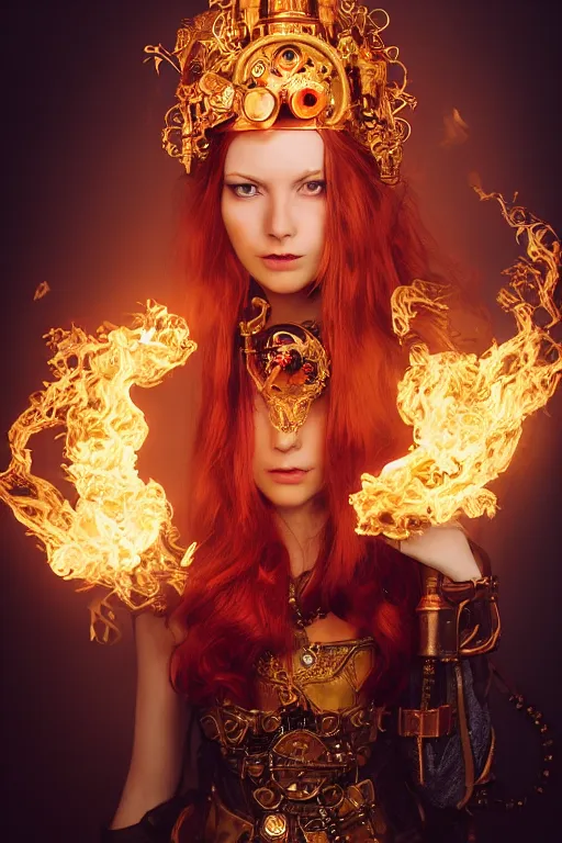 Image similar to a beautiful image of a young woman, steampunk Chandra queen of fire, big googles over her head, long flowing hair glowing with fire, steampunk costume mostly red and gold young female face, cinematic top lighting, insanely detailed and intricate, face by wlop, Charlie Bowater, golden ratio, symmetric, elegant, ornate, luxury, elite, matte painting, cinematic, trending on artstation, deviantart and cgsociety, 8k, high resolution