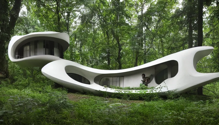 Image similar to A unique innovative and contemporary creative cabin in a lush green forest with soft rounded corners and angles, 3D printed line texture, made of cement, connected by sidewalks, public space, and a park, Design and style by Zaha Hadid, Wes Anderson and Gucci