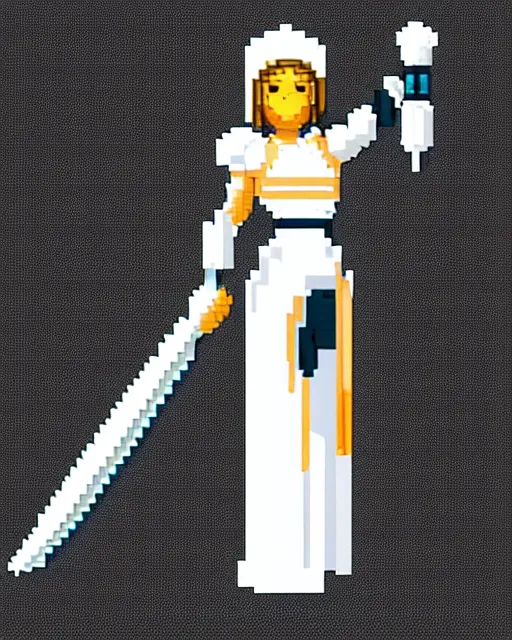 Prompt: a pixel single sprite of a girl holding a sword, in white futuristic armor, pixel art, isometric, 3 2 x 3 2, 2 d game art, 1 6 bit, dynamic pose, # pixelart