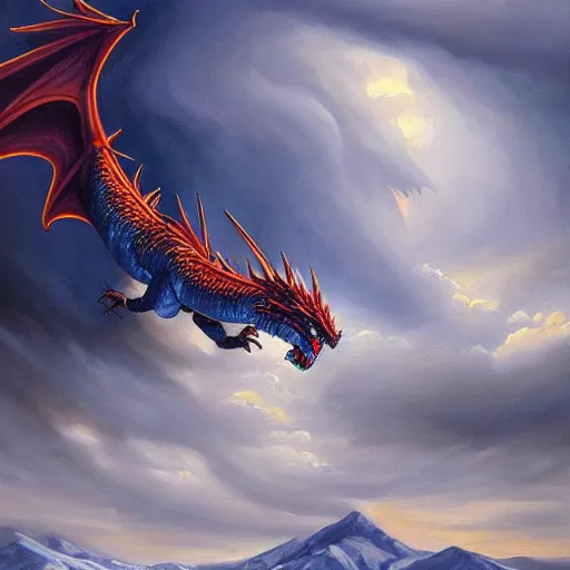 Image similar to a vast oil painting of two storm dragons dueling above the snowy peaks, hyper realistic, vivid, highly detailed, many colors