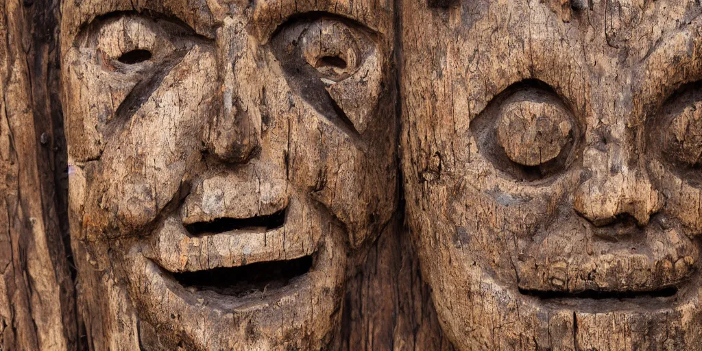 Prompt: ancient scary creepy wood mask found in canary islands. high quality 8 k resolution