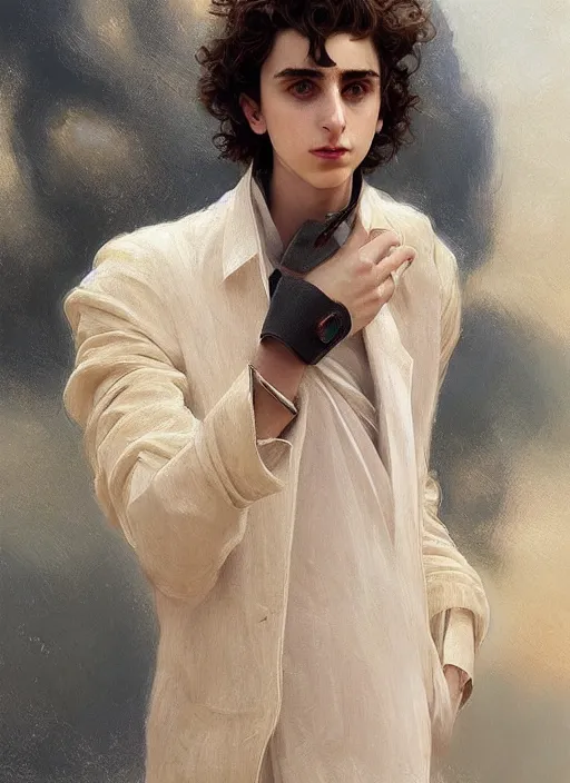 Image similar to timothee chalamet in future fashion futurism as thufir hawat, human computer, VR headset, cyber augmentation implant, digital art from artstation by Ruan Jia and Mandy Jurgens and Artgerm and william-adolphe bouguereau