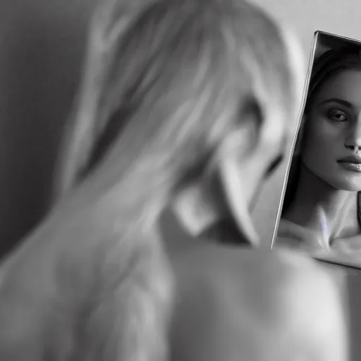 Prompt: beautiful supermodel looking into a mirror and seeing a monster