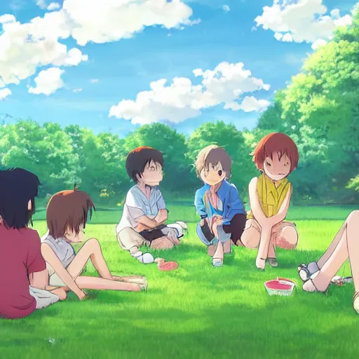 Image similar to Anime of an happy family with two boys of 10 years old and 5 years old, in Vincennes parc having a pic nic, beautiful weather, peaceful cloud, by Makoto Shinkai and James Gilleard