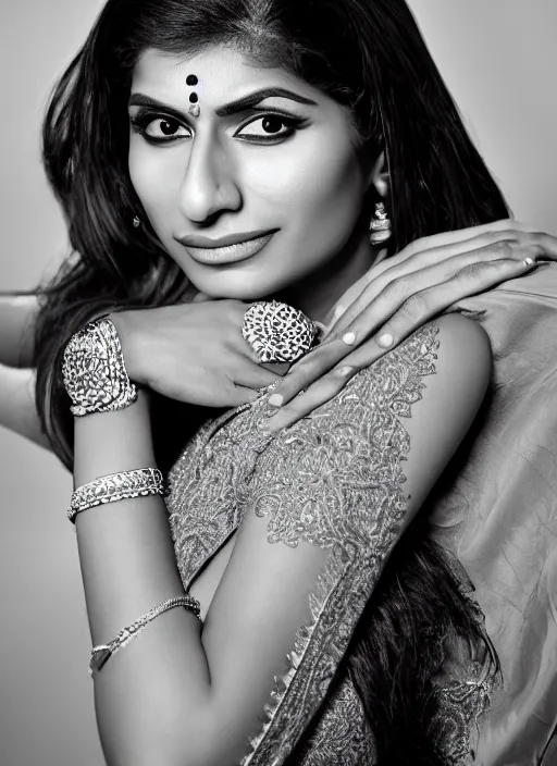 Image similar to portrait of mia khalifa wearing saree, by charlotte grimm, natural light, detailed face, canon eos c 3 0 0, ƒ 1. 8, 3 5 mm, 8 k, medium - format print, full body shot