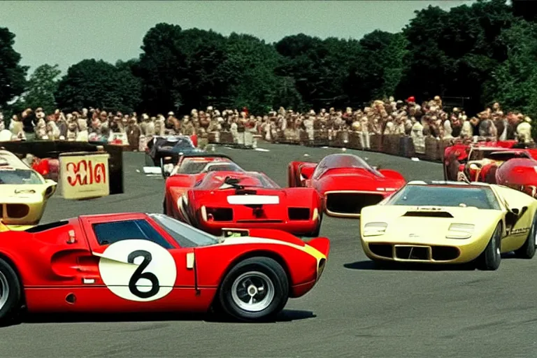 Image similar to vintage race footage of a sginel 1965 GT40 with elements of the F40, De Tomaso, Lotus, BMW M1, Pantera and Countach, movie still, speed, cinematic Eastman 5384 film