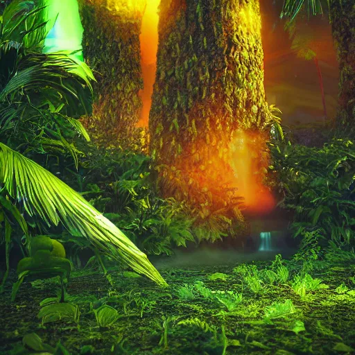 Prompt: green juice in a luscious tropical grove with neon auroras, path traced, environment, highly detailed, concept art, realistic, octane render, unreal engine, up close shot
