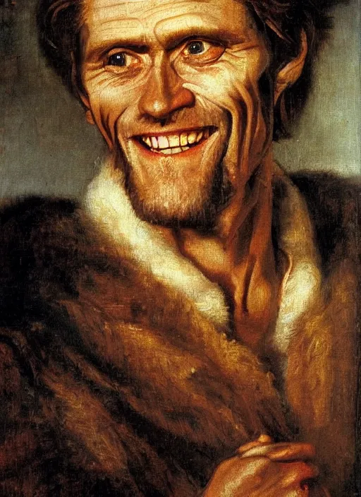 Image similar to portrait painting of willem dafoe with stubble smiling warmly, renaissance oil painting, studious chiaroscuro