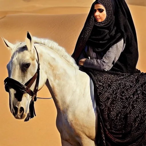 Prompt: beautiful burqa's woman, ride horse in saharan, dress like taliban, sharp eyes, detailed face, white skin, beautiful tatted hands, riffle on chest, detailed horse, detailed sit position, dust, cinematic, dynamic pose, pinterest