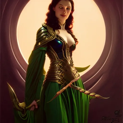 Image similar to of a female Loki, dark fantasy, medium shot, intricate, ornate, elegant, highly detailed, digital painting, volumetric light, artstation, concept art, smooth, sharp focus, illustration, art by Gil Elvgren and Charlie Bowater and Greg Rutkowski and Alphonse Mucha