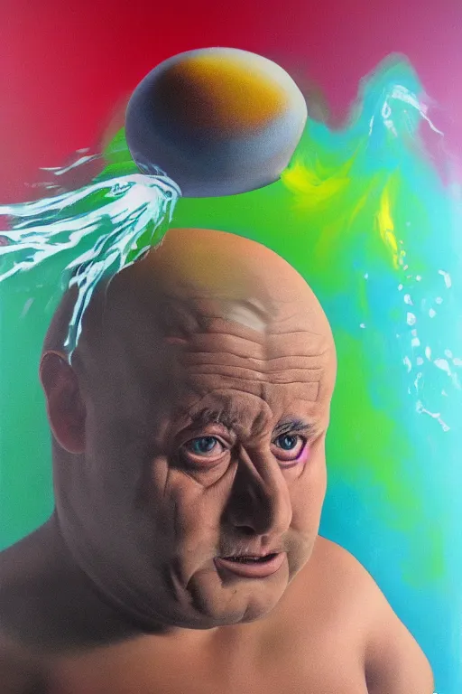 Image similar to hyperrealism surrealism acrylic painting, aerosol splashes on paper, close - up portrait of bowling ball - man