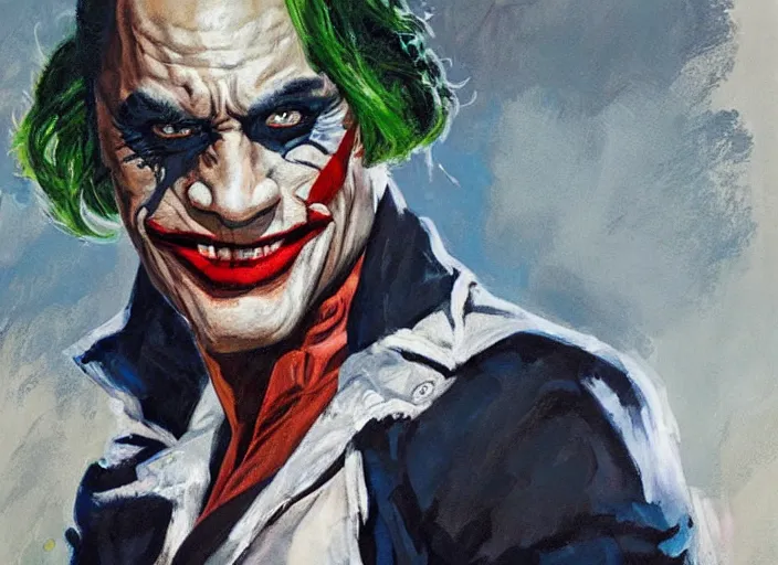 Prompt: a highly detailed beautiful portrait of the rock as the joker, by gregory manchess, james gurney, james jean