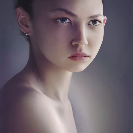 Image similar to attractive and charming female portrait, mixed-race, asymmetrical face, ethereal volumetric light, sharp focus