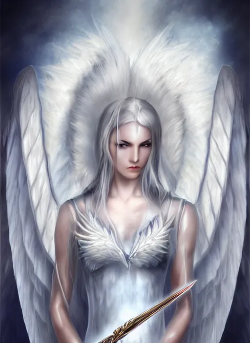 Image similar to a woman angel with white hair and wings holding a sword, a digital rendering by Anne Stokes, deviantart, fantasy art, deviantart hd, deviantart, angelic photograph