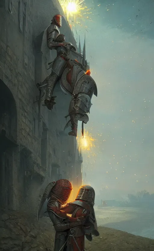 Image similar to digital painting of two medieval knights hugging each other in dispair while the universe is exploding, in a medieval village, stunning, surreal, cinematic lighting, concept art by greg rutkowski and simon stalenhag