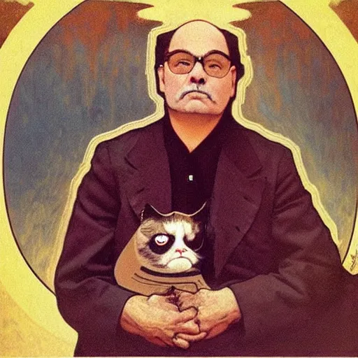 Prompt: “ george costanza holding grumpy cat, sitting on velvet couch, very detailed, by alphonse mucha ”