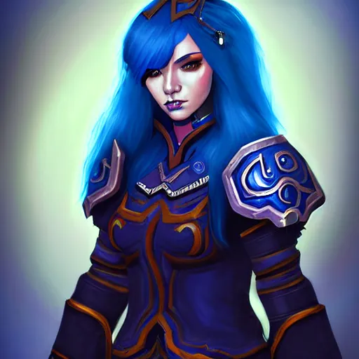 Prompt: a portrait of a very beautiful female mage in armor warcraft style armor blue hair bored illustration soft lighting soft details painting oi