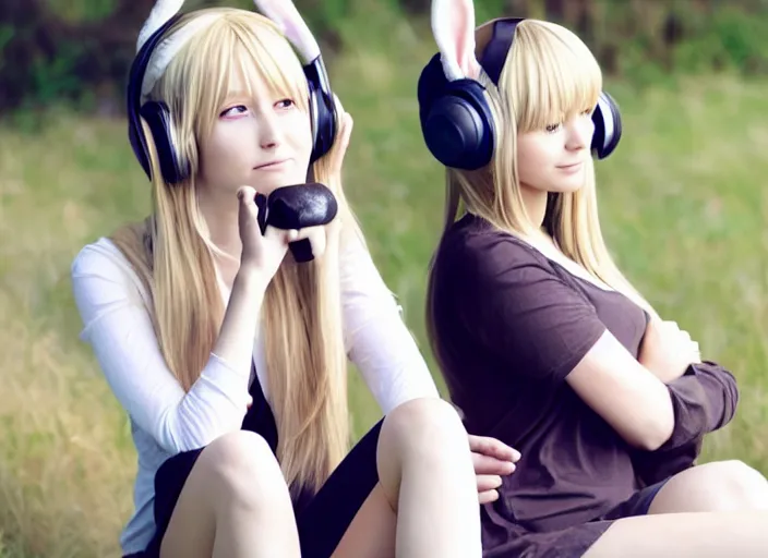 Prompt: full _ body _ shot _ _ a _ very _ beautiful _ young _ anime _ girl _ sitting _ with _ bunny _ headphones _ extremely _ long _ wavy _ long _ blond