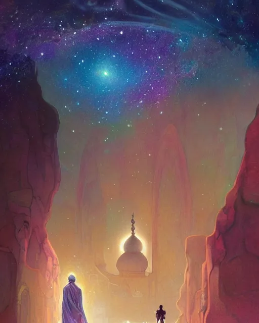 Image similar to bedouin in galaxy walking towards mosque surrounded by nebula, highly detailed, gold filigree, romantic storybook fantasy, soft cinematic lighting, award, disney concept art watercolor illustration by mandy jurgens and alphonse mucha and alena aenami, pastel color palette, featured on artstation