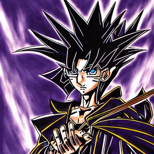 Image similar to portrait anime, manga drawing of yugi muto battles sauron, yu - gi - oh art