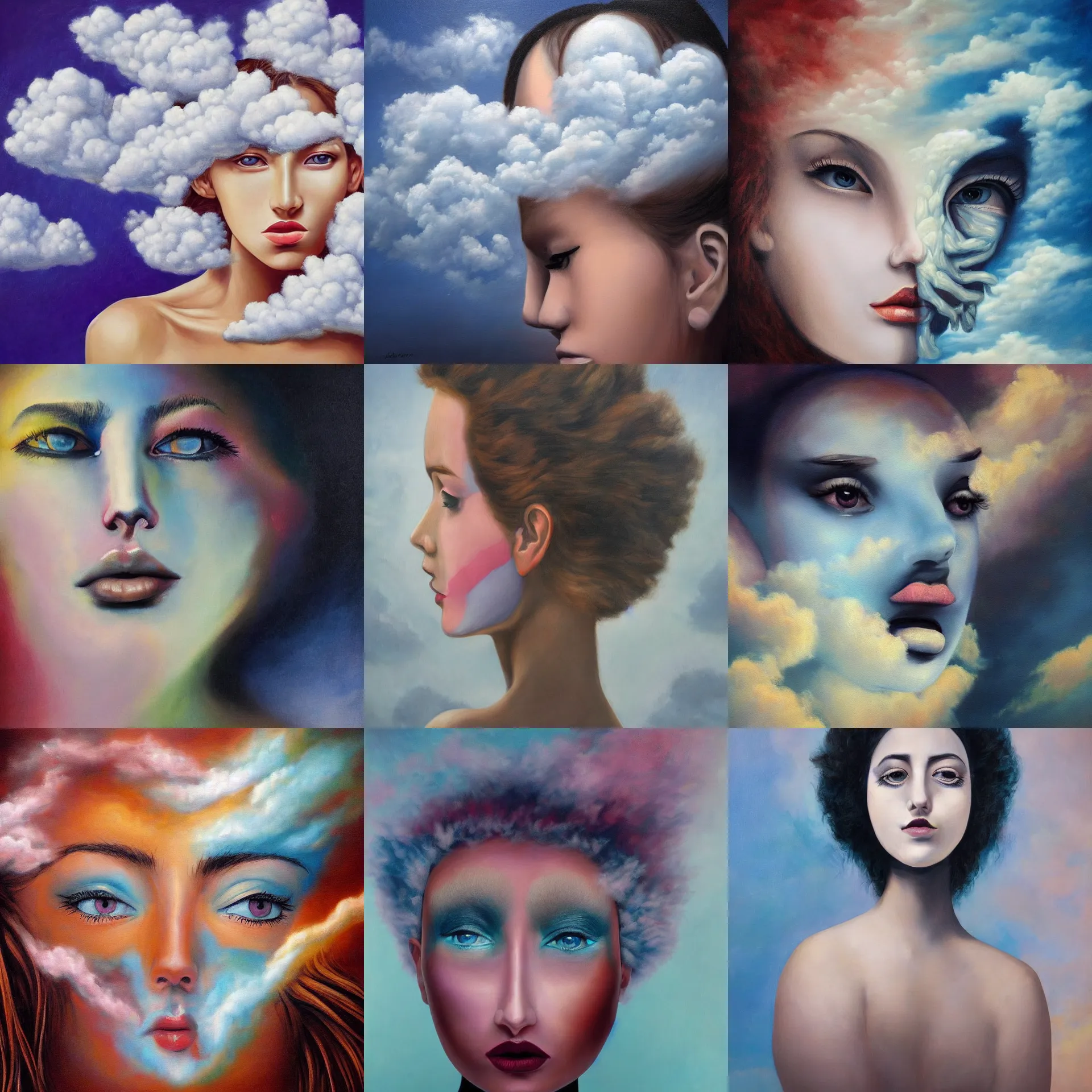 Prompt: surreal painting of the side view of a beautiful woman's face made of fluffy clouds, eyes covered by hands, unusual color palette, symmetrical face, defined facial features, symmetrical facial features, dramatic lighting