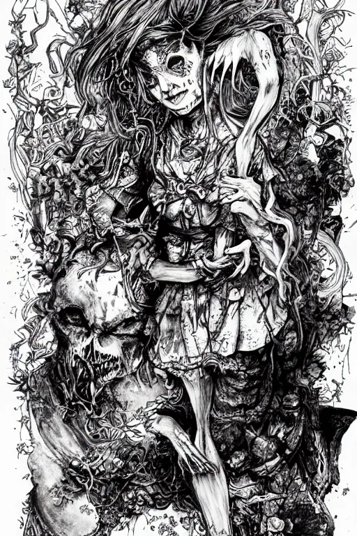 Prompt: zombie Alice in wonderland tarot card , pen and ink, intricate line drawings, by Yoshitaka Amano, Ruan Jia, Kentaro Miura, Artgerm, watercolor