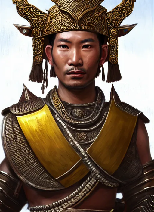 Image similar to smart tai warlord of lanna, closeup portrait, without beard and mustache, historical hero, ethnic group, tai costume, thai transitional bronze headdress, intricate, with leather armor cross on bare chest, elegant, loin cloth, highly detailed, oil painting, artstation, concept art, matte, sharp focus, illustration, hearthstone, art by earl norem