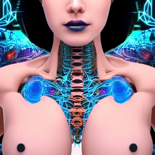 Image similar to an extremely beautiful biomechanical female robot with large emoji tattoos, twins, neon jacuzzi, oppai cyberpunk, chimeric organism, holodeck, pale skin, organic polycarbon, glowing blue eyes, full frontal portrait, highly detailed, transhumanist hydration, symmetrical, priestess, mechanical, mendelbrot fractal, ray tracing, hyperdetailed, hyperrealistic, zdislaw beksinski, trending on artstation, octane render, hdr, uhd 4k