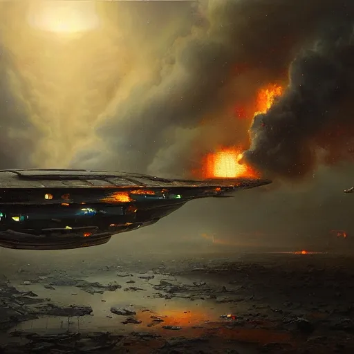 Prompt: a spaceship, stuck in the ground, the spaceship is on fire, smoke, hard rainstorm, angry, kinetic, artgerm and tom bagshaw, highly detailed oil painting,