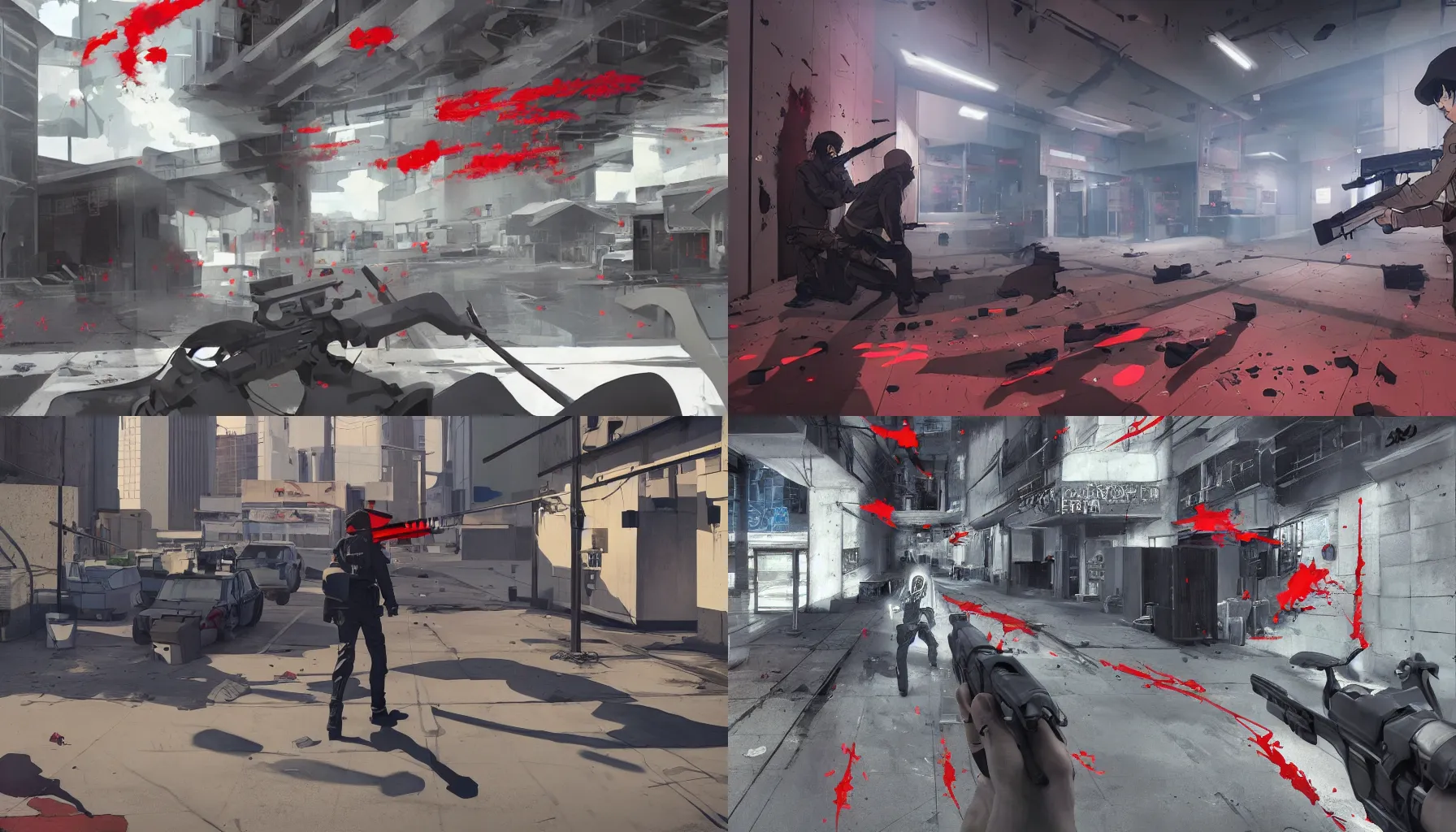 Prompt: Concept art of a shootout between Police and bank robbers in a multiplayer stealth first person bank robbery simulator game, set in 19XX, anime style graphics inspired by Akira + Heat + FLCL, Unreal engine 5, anime bullet vfx, bullet holes, Highly Detailed, Vibrant, created by Arc System Works + Hideo Kojima + Rockstar