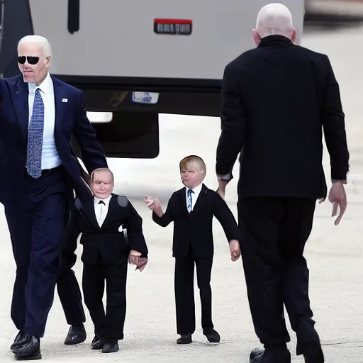 Prompt: Secret Service agents carrying a miniature Joe Biden in a glass jar