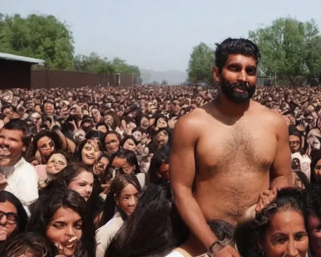 Prompt: a brown man with 10,100 adoring wives.