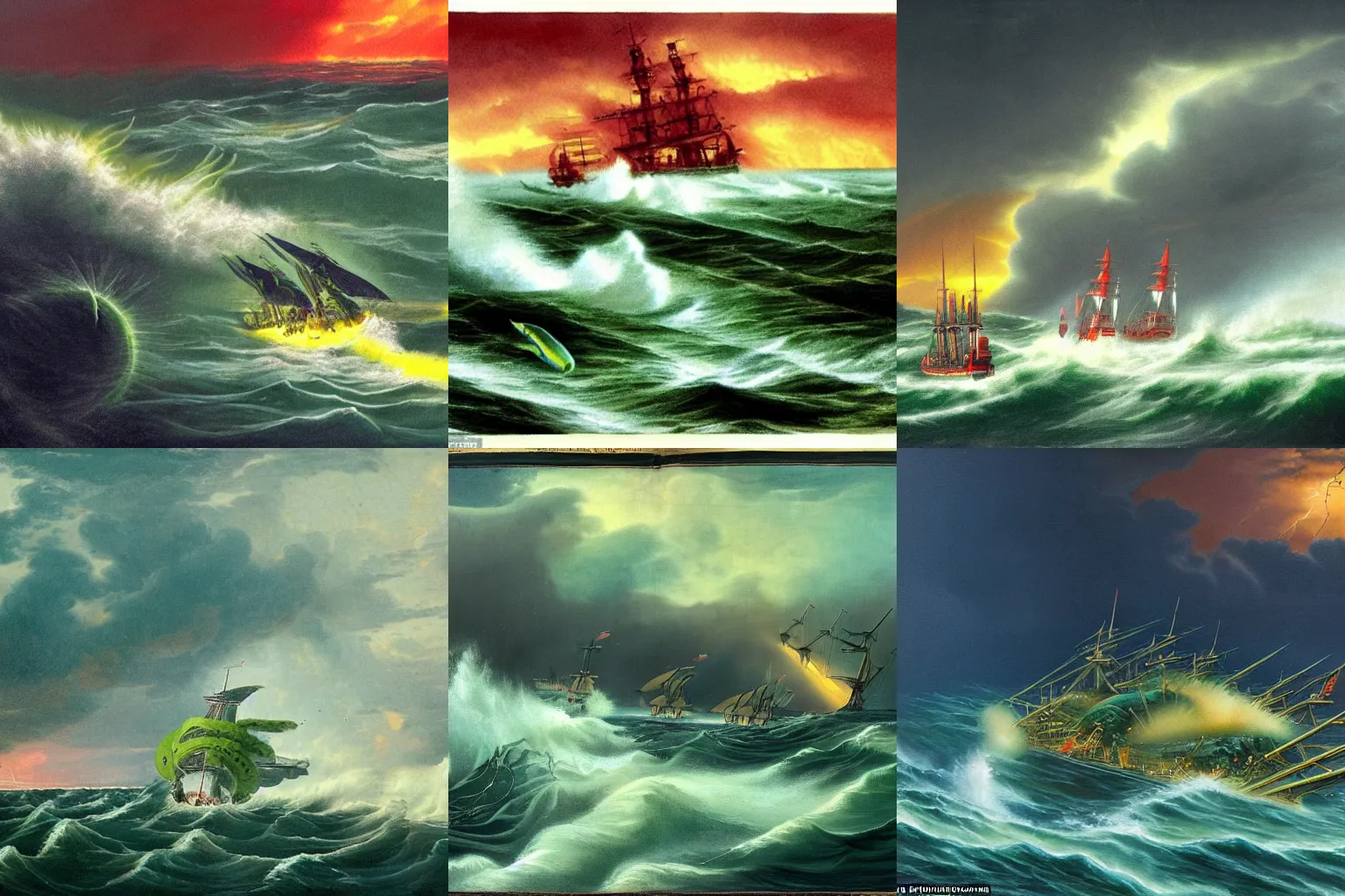 Prompt: Gigantic green sea snake with many yellow eyes is attacking a fleet of ships, turbulent sea, red sky, thunderstorm