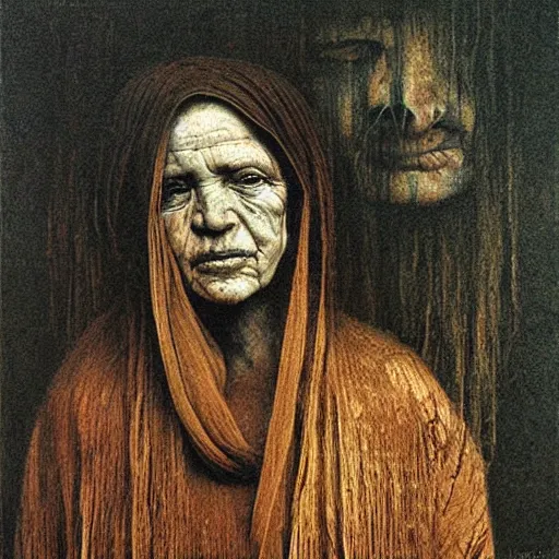 Prompt: portrait of 800 years old girl, painting by Beksinski