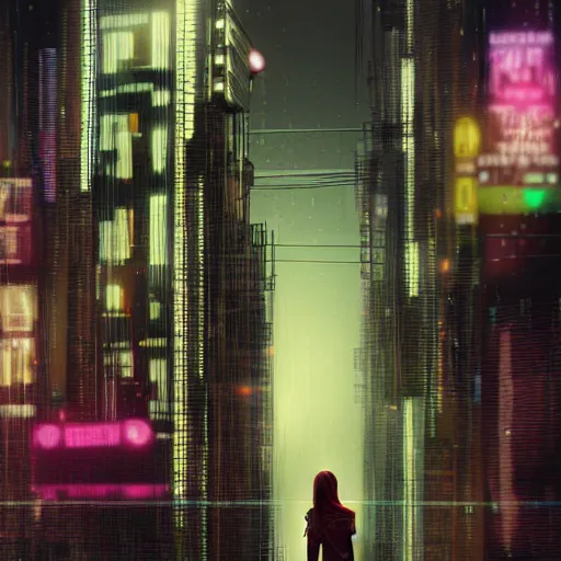 Prompt: girl standing, cyberpunk city, rainy, digital art