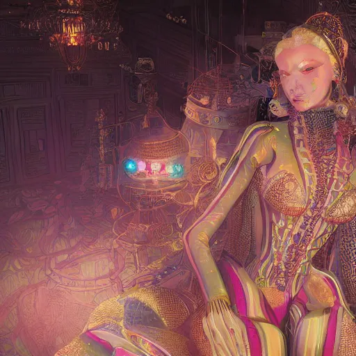 Prompt: the portrait of an absurdly graceful, sophisticated, fashionable ottomanpunk robotess idol, an ultrafine hyperdetailed illustration by kim jisu, intricate linework, neon wiring, porcelain skin, unreal engine 5 highly rendered, global illumination, radiant light, detailed and intricate environment