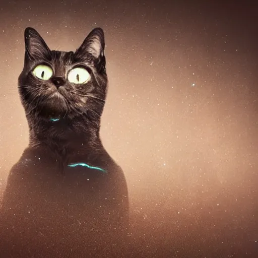 Image similar to alien cat, slowly dissolving into dust, dramatic blurred background with lights, realistic,