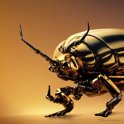 Image similar to Very high detailed rhinoceros beetle made of gold and metal standing on a carbon fiber background, big horn, robotic, nature, symmetrical, Greg Rutkowski, Charlie Bowater, Beeple, Unreal 5, hyperrealistic, dynamic lighting, fantasy art