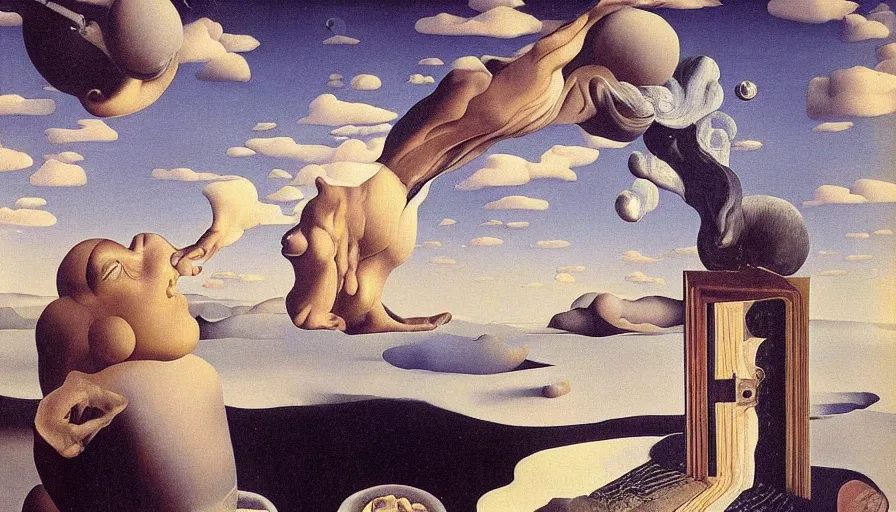 Image similar to parallel universe between forbidden knowledge and maddening strangeness by salvadore dali and rene magritte, extremely high detail, 8 k