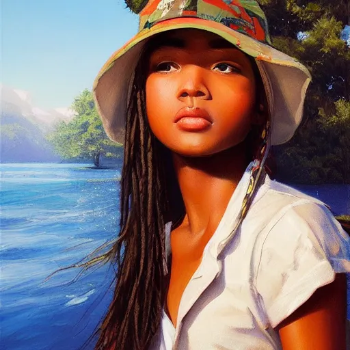 Image similar to oil painting by ilya kuvshinov,, baugh casey, artgerm craig mullins, coby whitmore, of a youthful black girl, long hair, fishing and wearing fisherman's outfit, fisherman's hat, highly detailed, breathtaking face, studio photography, noon, intense bounced light, water reflection, large tree casting shadow, serine intense sunlight