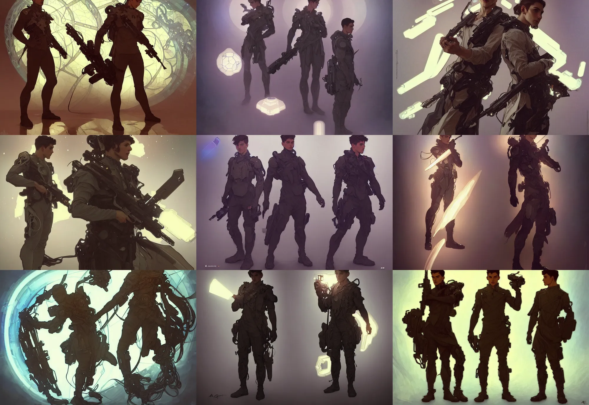 Image similar to a digital concept ar by artgerm and greg rutkowski and alphonse mucha. full body!! t pose!! clear portrait of a lonely attractive men in uniform!! future military, sci - fi weapon, light effect. hyper detailed, character concept, glowing lights!! intricate, elegant, digital painting, artstation, smooth, sharp focus